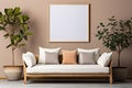 Modern Scandinavian Elegance Sofa, Potted Tree, and Blank Mock-Up Poster Frame on Beige WallÃ¢â¬âStylish Living Room Interior Royalty Free Stock Photo